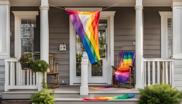 Photo a rainbow flag hangs outside of a house that says rainbow