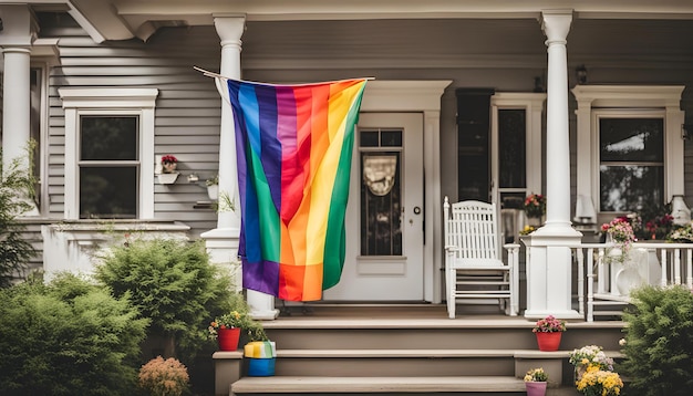 a rainbow flag hangs outside of a house