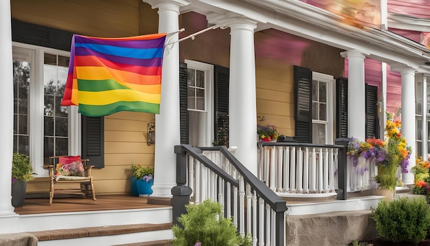 Photo a rainbow flag hangs outside of a house