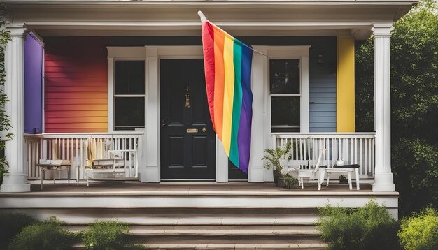 a rainbow flag hangs outside of a house