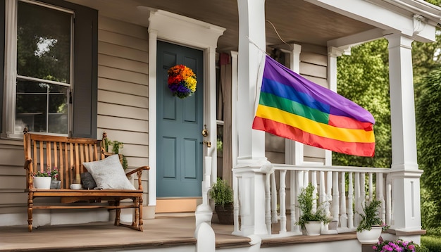 a rainbow flag hangs on a porch of a house