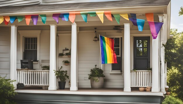 a rainbow flag hangs on a porch of a house