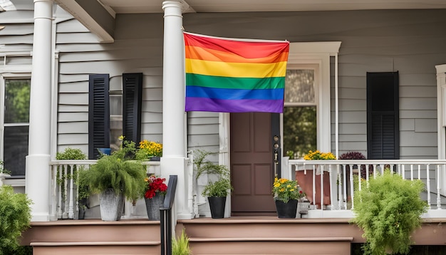 Photo a rainbow flag hangs on a porch of a house