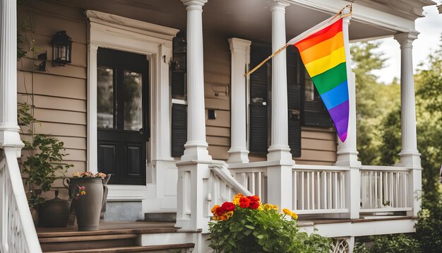 a rainbow flag hangs on a porch