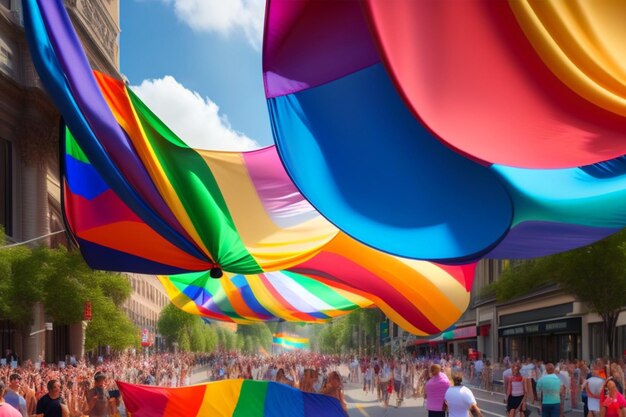 A rainbow flag is being carried over a street Pride Day