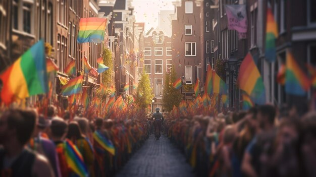 A rainbow flag is being flown over a crowd of people