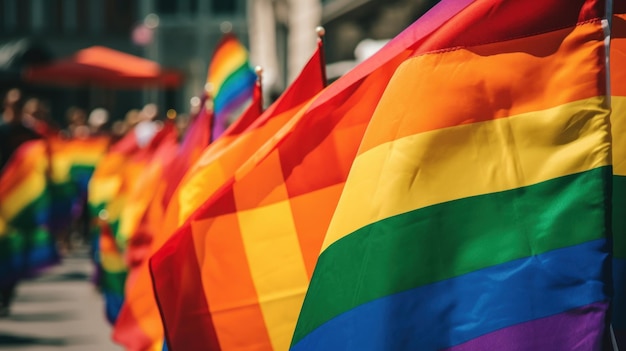 A rainbow flag is being flown in a parade.