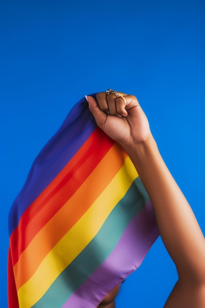 A rainbow flag is being held up in front of a blue background.