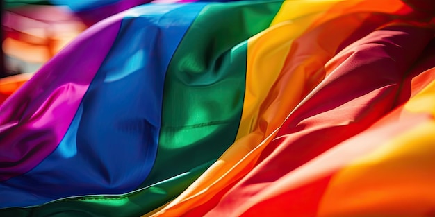 A rainbow flag is being rolled up in a close up view.