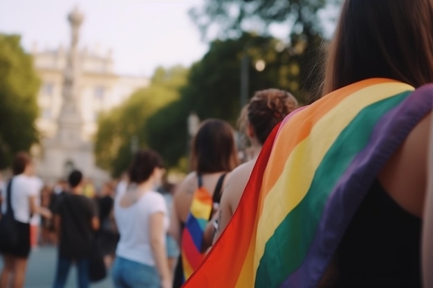 A rainbow flag is draped over a crowd of people.