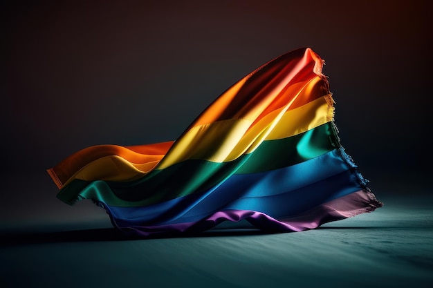 A rainbow flag is draped over a dark background.