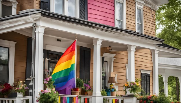 虹の旗が家の前にある