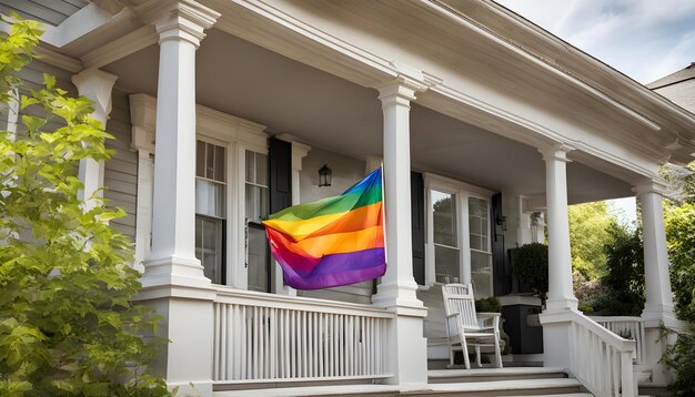 a rainbow flag is hanging from a house