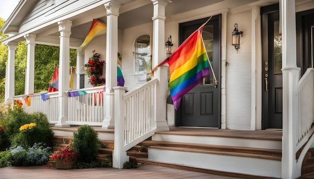 虹の旗が家からぶら下がっている