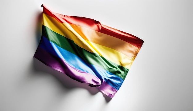 A rainbow flag is hanging on a wall.