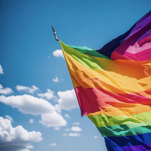 A rainbow flag is waving in the wind.