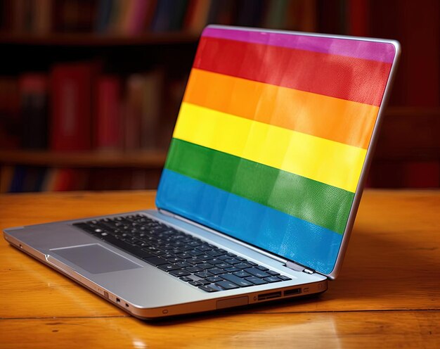 Rainbow flag laptop on table