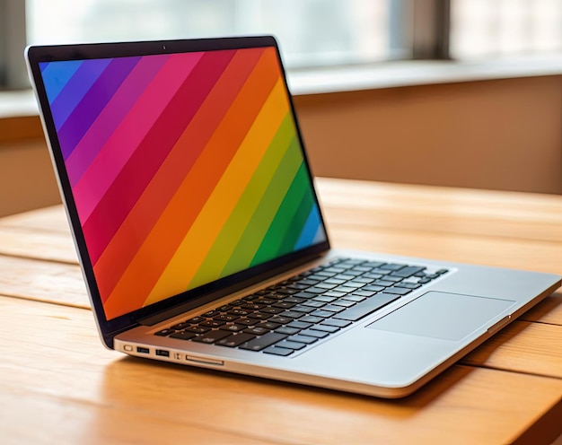 Foto laptop con bandiera arcobaleno sul tavolo