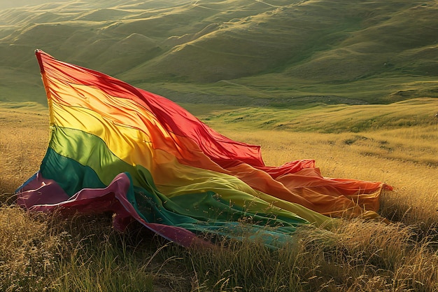 山の草原の虹の旗 自由の概念