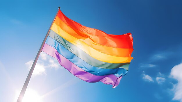 ジェネレーティブ AI を使用して作成された、青空に手を振る LGBT コミュニティの虹色の旗のシンボル