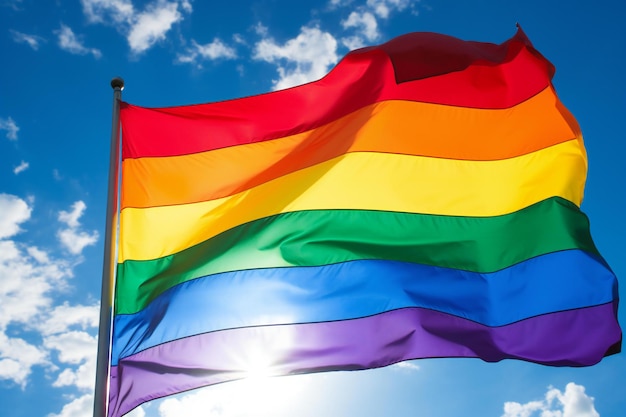 Rainbow flag waving in the wind against a blue sky with sun rays