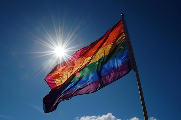 Rainbow flag waving in the wind against blue sky with sun rays