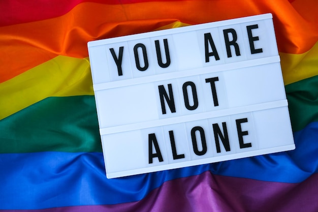 Photo rainbow flag with lightbox and text you are not alone rainbow lgbtq flag made from silk material sym