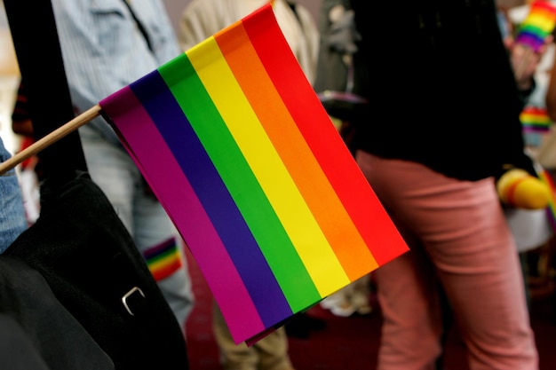 Rainbow flags on the balconies of a house and on human hands