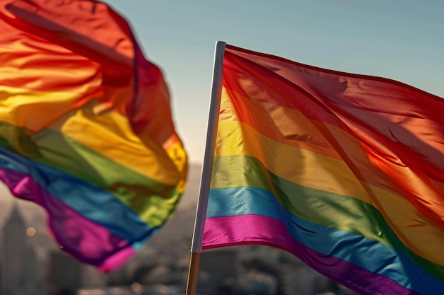 Rainbow flags waving in the wind on the background of the city