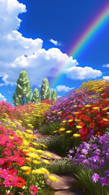 Foto arcobaleno su un campo di fiori