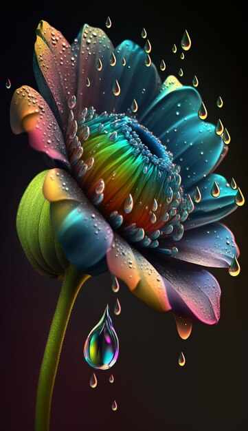 A rainbow flower with water drops on it.