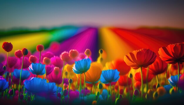 Foto un arcobaleno di fiori in un campo con uno sfondo arcobaleno