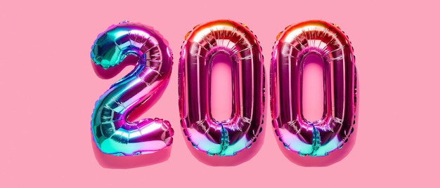 사진 레인보우 호일 풍선 번호 자리 200 상위 뷰 분홍색 배경에 색된 숫자
