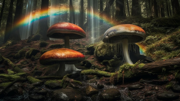 A rainbow in the forest with mushrooms and rainbows