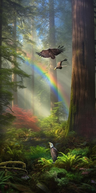 A rainbow in the forest with a rainbow in the background