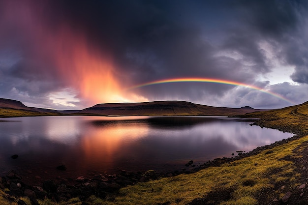 A rainbow forming over a mountain lake