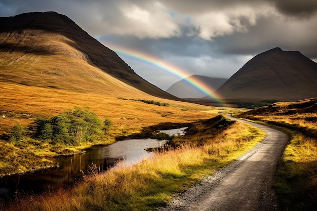 A rainbow forming over a mountain pass