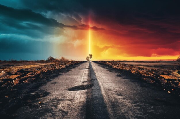 Photo rainbow forming over a rain soaked countryside road at sunset