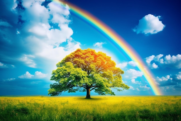 A rainbow framing a tranquil countryside scene