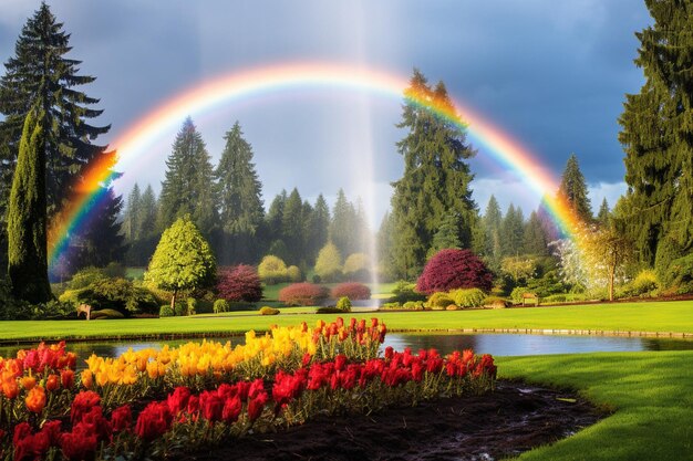 Photo a rainbow over a freshly watered garden