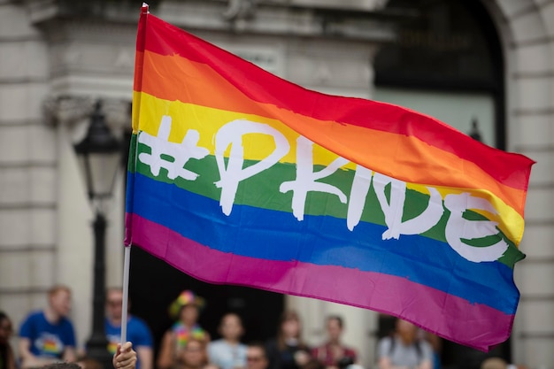 Rainbow gay pride flags at an lgbt gay pride solidarity parade