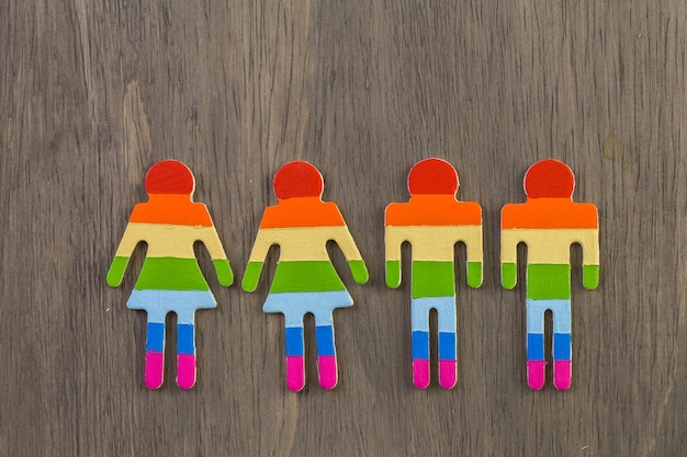 Rainbow Gay Pride male and female figures on wood background.