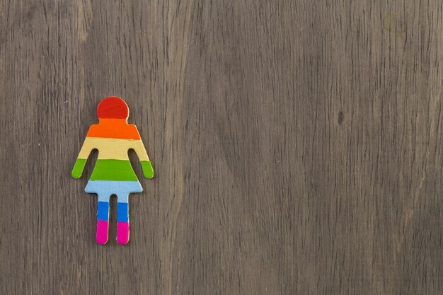 Rainbow Gay Pride male and female figures on wood background.