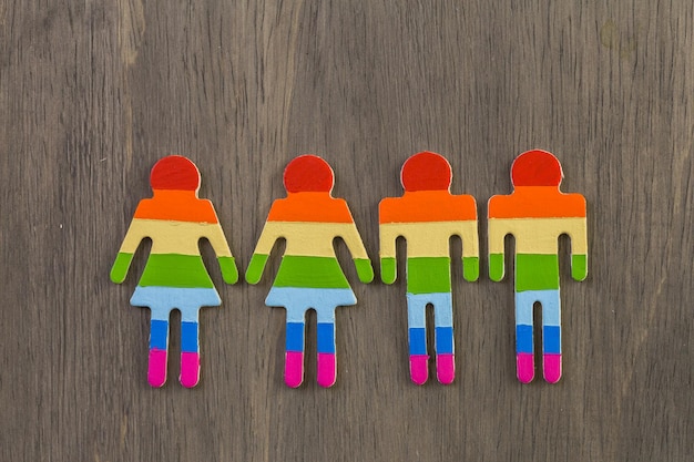 Rainbow Gay Pride male and female figures on wood background.