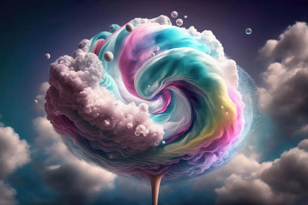 Rainbow glitter cotton candy swirling into cloud in the sky