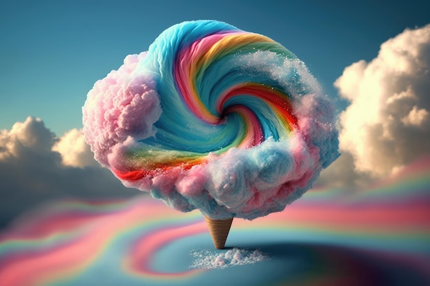 Rainbow glitter cotton candy swirling into cloud in the sky