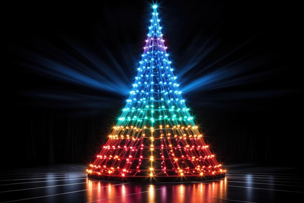 写真 黒の背景にランタンで作られた虹輝くクリスマス ツリー新年バナーはがき