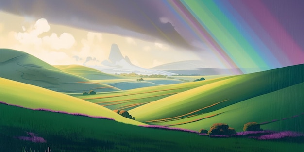 A rainbow over a green landscape with hills and a rainbow.