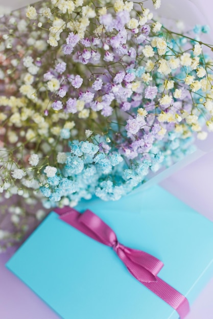 Rainbow gypsophila bouquet and gift box