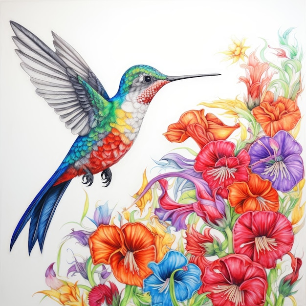 Rainbow Harmony Hummingbird on a Flower A Vibrant Sketch in Jumbo Wax Crayons with a White Backgr